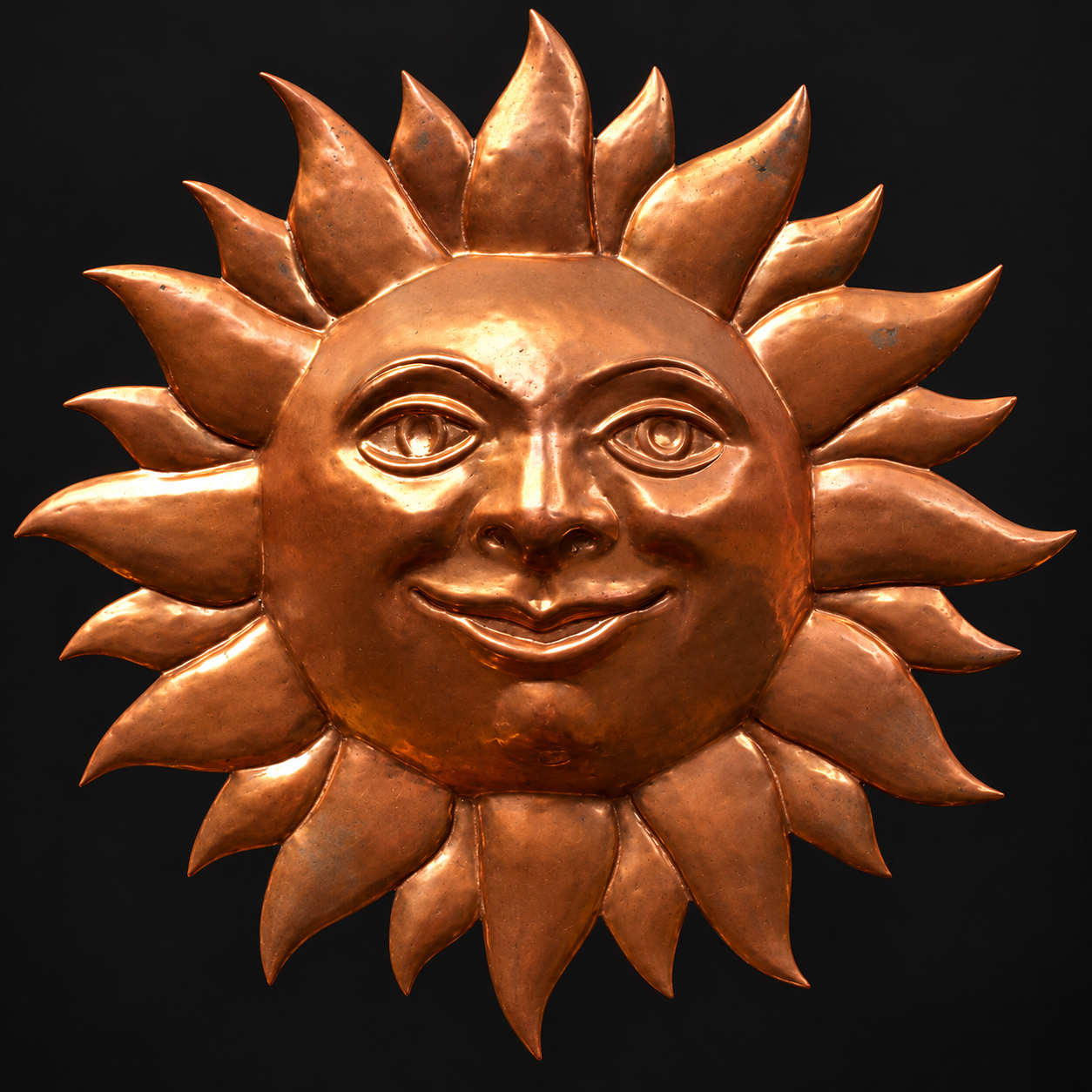 A polished copper sun with a detailed face and curved rays against a dark background.